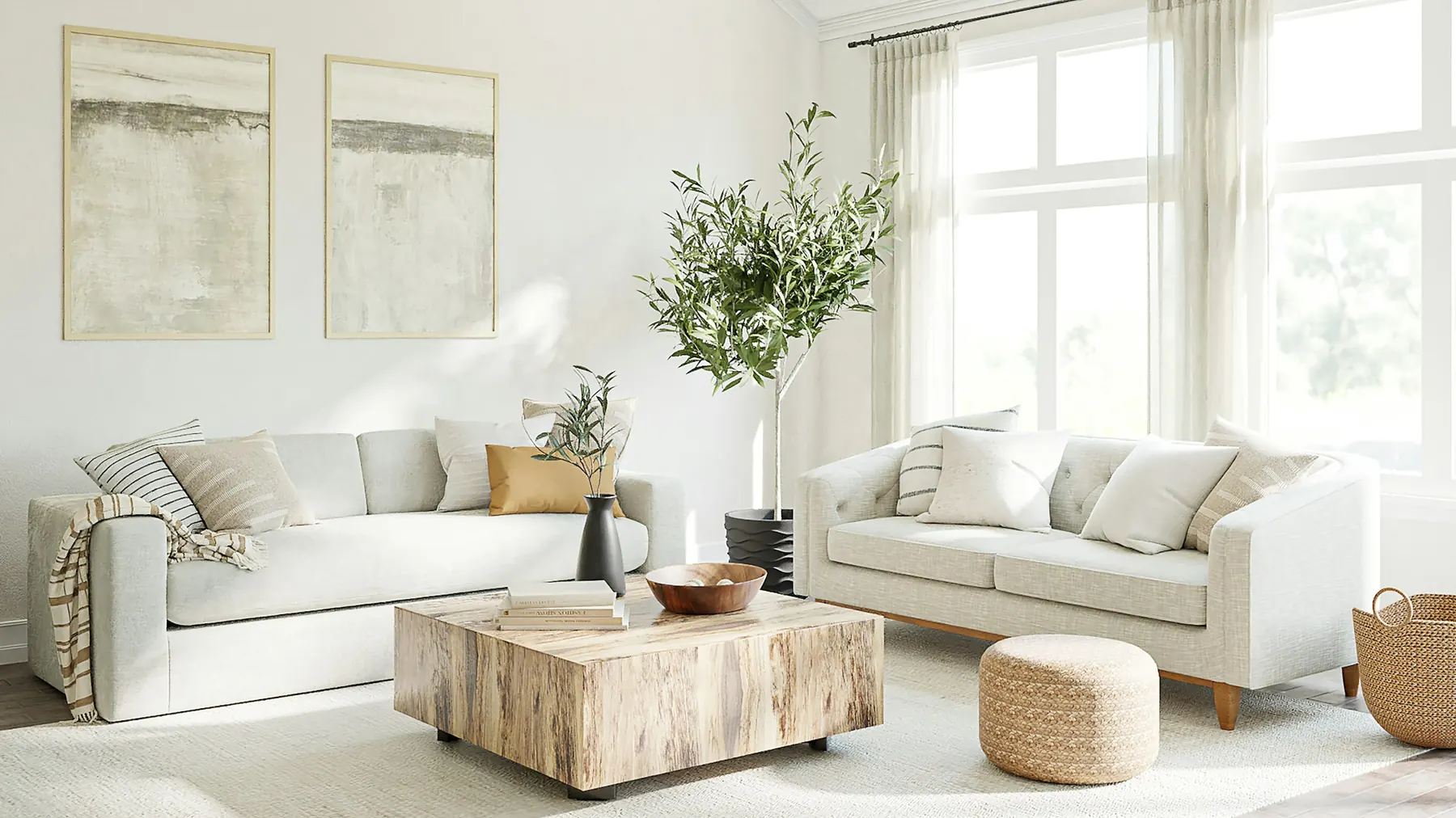 Sala neutra con luz natural y piezas de madera